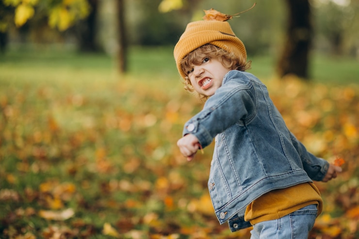 無料Photo 秋の公園の葉で遊ぶかわいい男の子