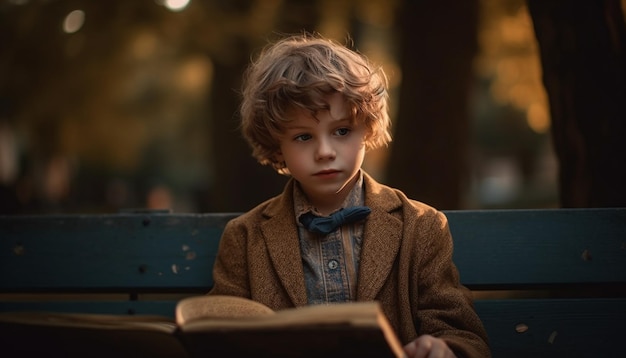 Cute boy reading book smiling in nature generated by AI