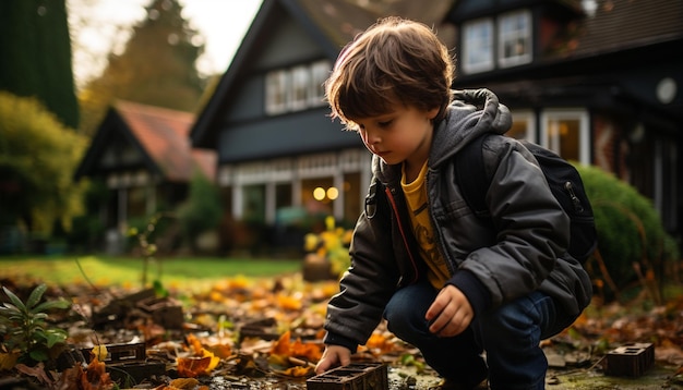 A cute boy sitting in the forest enjoying autumn warmth generated by artificial intelligence