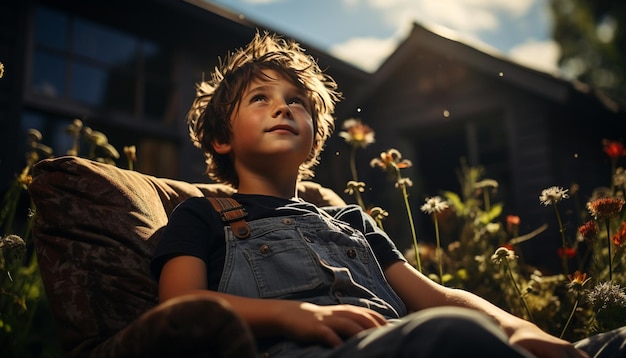 A cute boy sitting in nature enjoying the sunset generated by artificial intelligence