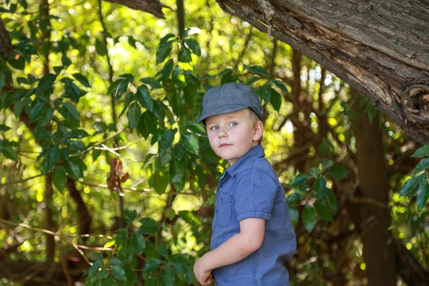 Cute boy wearing a blue shirt and a hat, and posing on the surface of trees