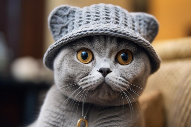 Cute British cat wearing a hat portrait