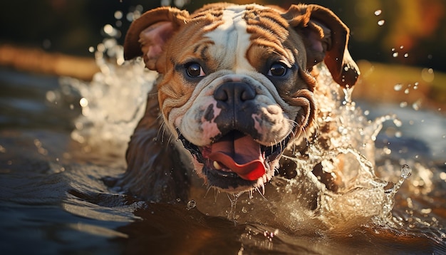 무료 사진 물에서 놀고 있는 귀여운 불도그 강아지 인공지능에 의해 생성된 순수한 여름 재미