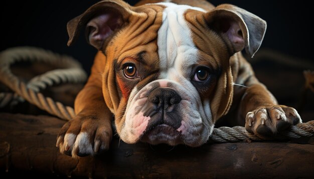 Cute bulldog puppy sitting looking sad indoors close up generated by artificial intelligence