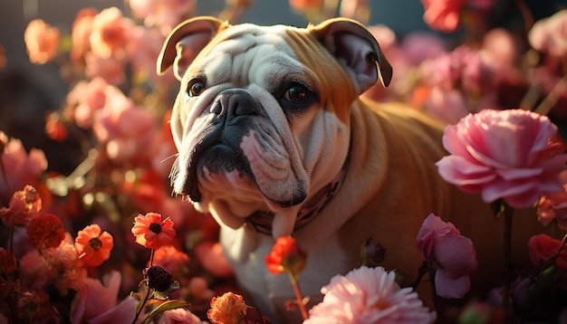 Free photo cute bulldog puppy sitting in nature playful and cheerful generated by artificial intelligence