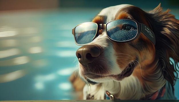 Cute canine wearing sunglasses smiles outdoors by pool generative AI