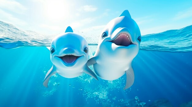 Cute cartoon dolphins smiling