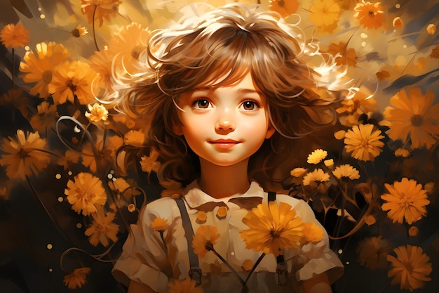 Free photo cute cartoon girl with flower illustration