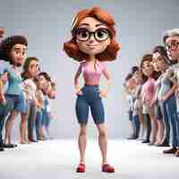 Free photo cute cartoon girl with glasses standing in front of a group of people