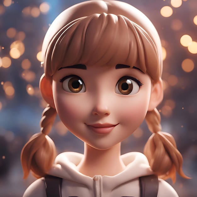 Free photo cute cartoon girl with pigtails 3d rendering bokeh background