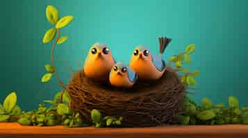 Free photo cute cartoony birds in nest