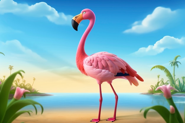 Милый мультфильмный фламинго в природе
