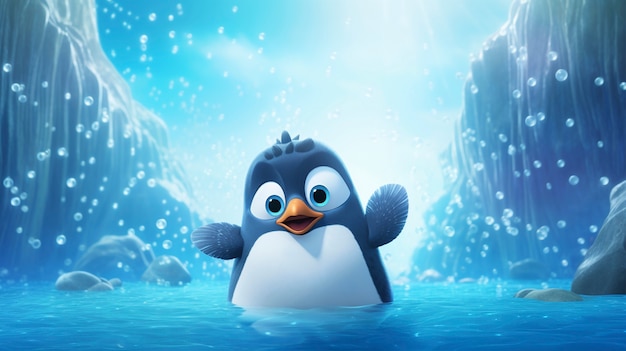Милый мультфильмный пингвин в природе
