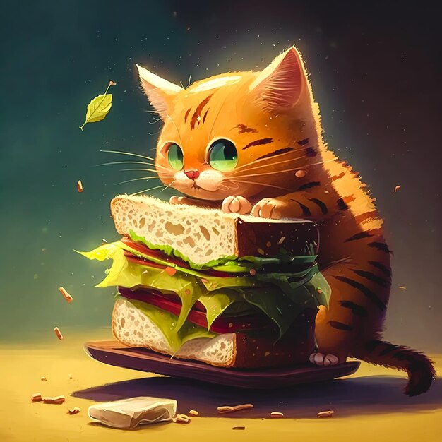 かわいい猫と大きなサンドイッチ生成 AI