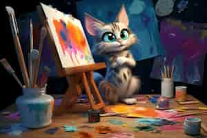 Free photo cute cat  painting