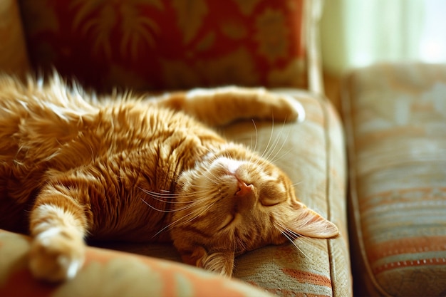 Un gatto carino che dorme in casa.