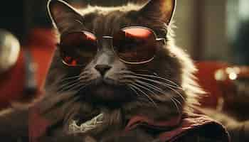 Free photo cute cat wearing sunglasses looking at camera playful outdoors generated by artificial intelligence