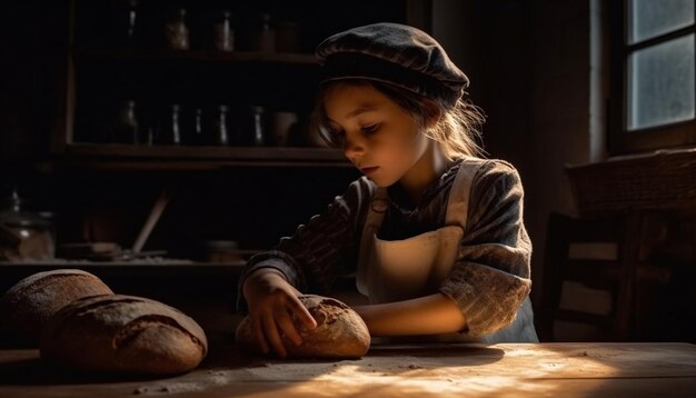 Cute Caucasian girl baking homemade bread dough happily generated by AI