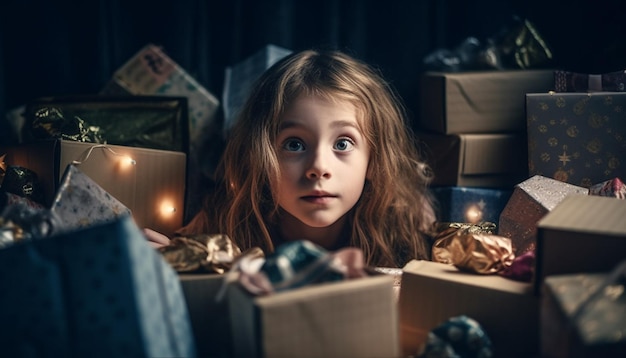 Cute Caucasian girl smiling holding Christmas gift box generated by AI