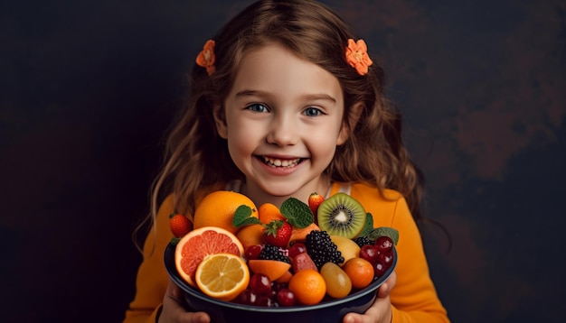 Free photo cute caucasian girl smiling holding fresh fruit snack generated by ai