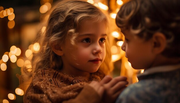 Cute Caucasian siblings embrace enjoying Christmas lights indoors generated by AI