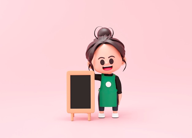 Free photo cute chef baker or barista standing with open or menu blackboard sign restaurant cook mascot on pink background 3d rendering