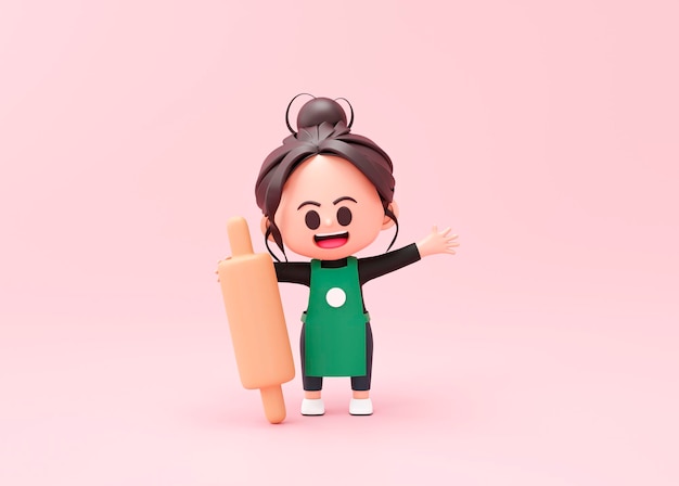 Cute chef baker or barista standing with rolling pin logo restaurant cook mascot on pink background 3d rendering