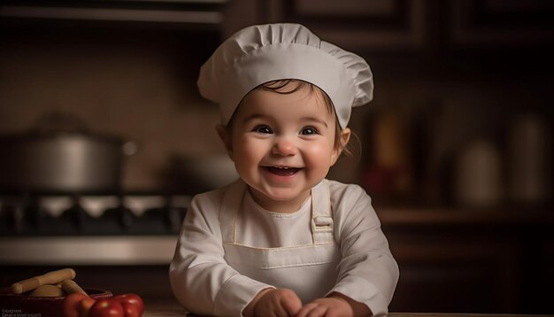 Cute chef boy smiles while cooking healthy meal generated by AI