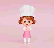 Foto gratuita ragazza carina chef in uniforme saluto saluto benvenuto al ristorante illustrazione 3d cartone animato