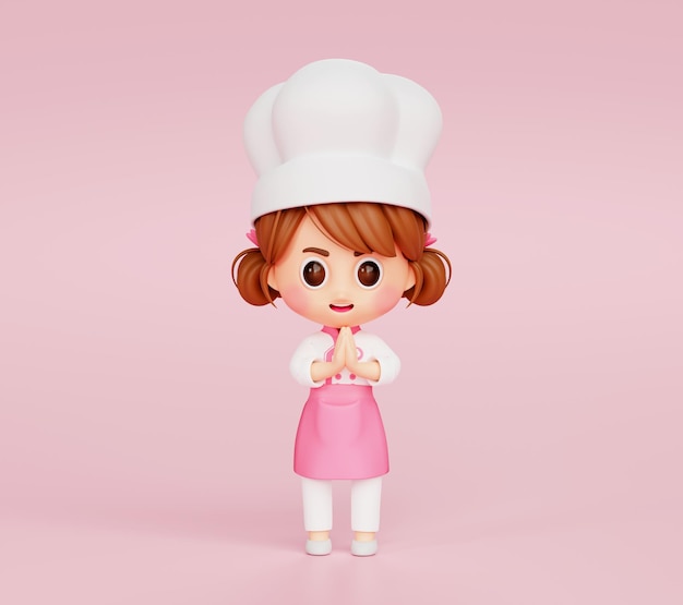 Cute chef girl in uniform hello greeting Paying welcome to restaurant 3d illustration cartoon