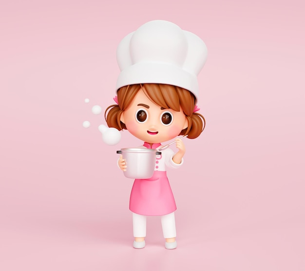 분홍색 배경 3d 그림 만화에 냄비와 숟가락 레스토랑 마스코트 캐릭터 로고를 들고 제복을 입은 귀여운 요리사 소녀