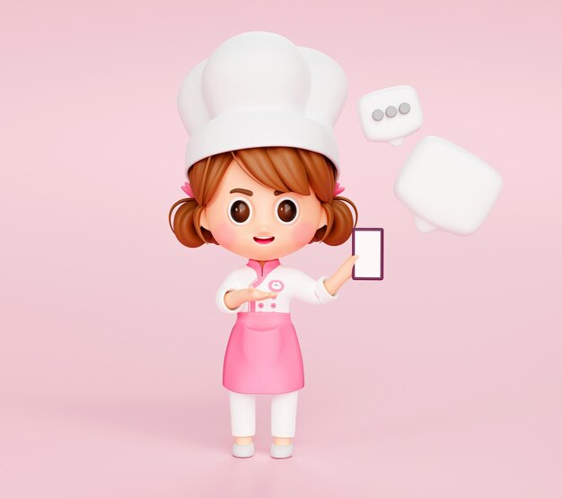 스마트폰을 들고 제복을 입은 귀여운 요리사 소녀와 분홍색 배경 3d 그림 만화에 거품 채팅 레스토랑 마스코트 캐릭터 로고가 있습니다.