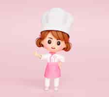 Foto gratuita la ragazza sveglia dello chef in uniforme che mostra i pollici in su firma il logo del carattere della mascotte del ristorante sul fumetto dell'illustrazione 3d del fondo rosa