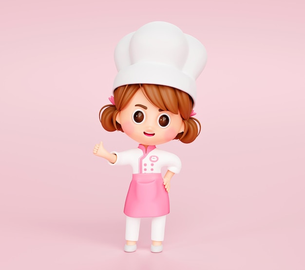 Симпатичная девушка-повар в униформе показывает большой палец вверх знак логотип талисмана ресторана на розовом фоне 3d иллюстрации мультфильм