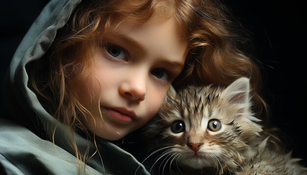 Free photo cute child embraces small kitten innocence and love captured generated by artificial intelligence