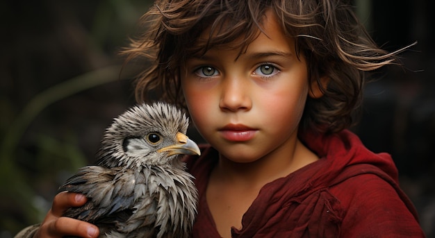 Cute child holding baby chicken smiling with confidence outdoors generated by artificial intelligence