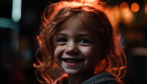 AI によって生成されたライトアップされた夕暮れのポートレートで笑顔のかわいい子供