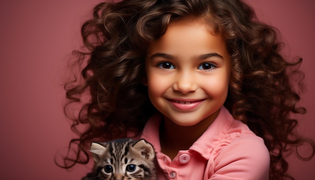 無料写真 人工知能によって生成された 1 つのポートレートで、子猫の幸せを抱きしめて微笑むかわいい子