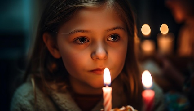 Foto gratuita un bambino carino che sorride tenendo una candela che celebra con gioia generata dall'intelligenza artificiale