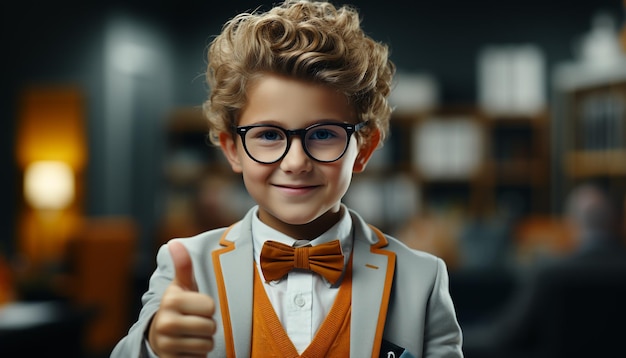 Free photo a cute confident schoolboy with blond hair and eyeglasses generated by artificial intelligence