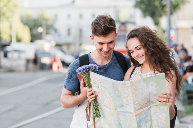 Cute couple exploring city 