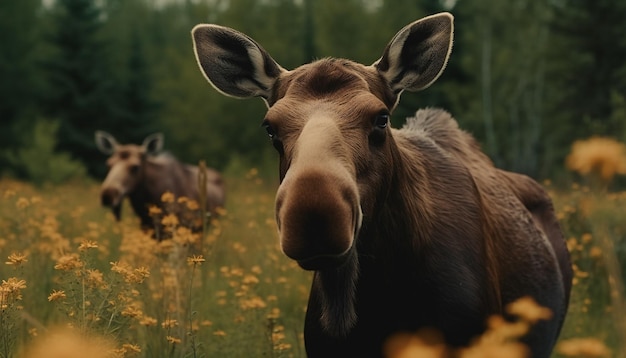 AI によって生成された緑の牧草地で放牧されているかわいい牛