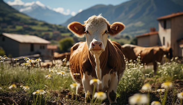 無料写真 人工知能によって生成された背景の緑の草原の山々で可愛い牛が放牧しています