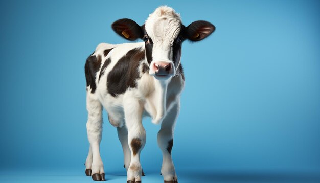 Cute cow looking at camera standing on blue wall generated by artificial intelligence