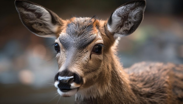 AI によって生成された牧草地でカメラを見てかわいいシカ