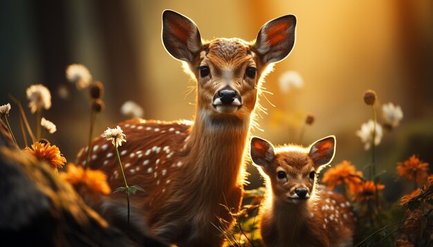 Foto gratuita un cervo carino nel prato che guarda la telecamera circondato dalla natura generata dall'intelligenza artificiale