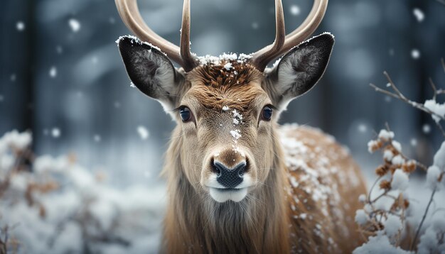 Cute deer in snow looking at camera winter beauty generated by ai