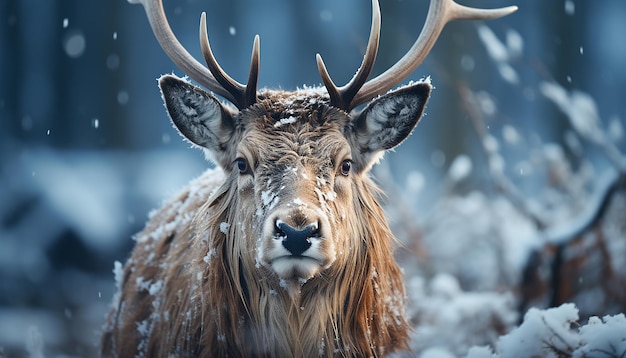 Cute deer in snowy forest looking at camera with blue eyes generated by AI
