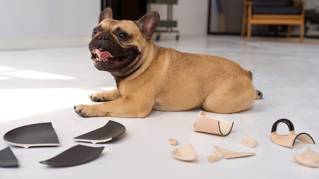 Милая собака разбивает тарелки дома