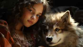 Free photo a cute dog and girl embrace pure friendship outdoors generated by artificial intelligence